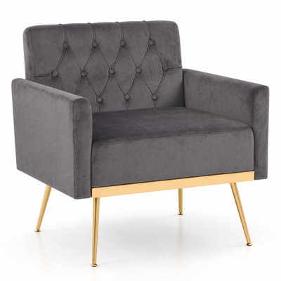 Mid-century Upholstered Accent Chair with Button Tufted Back, Golden Metal Legs Gray
