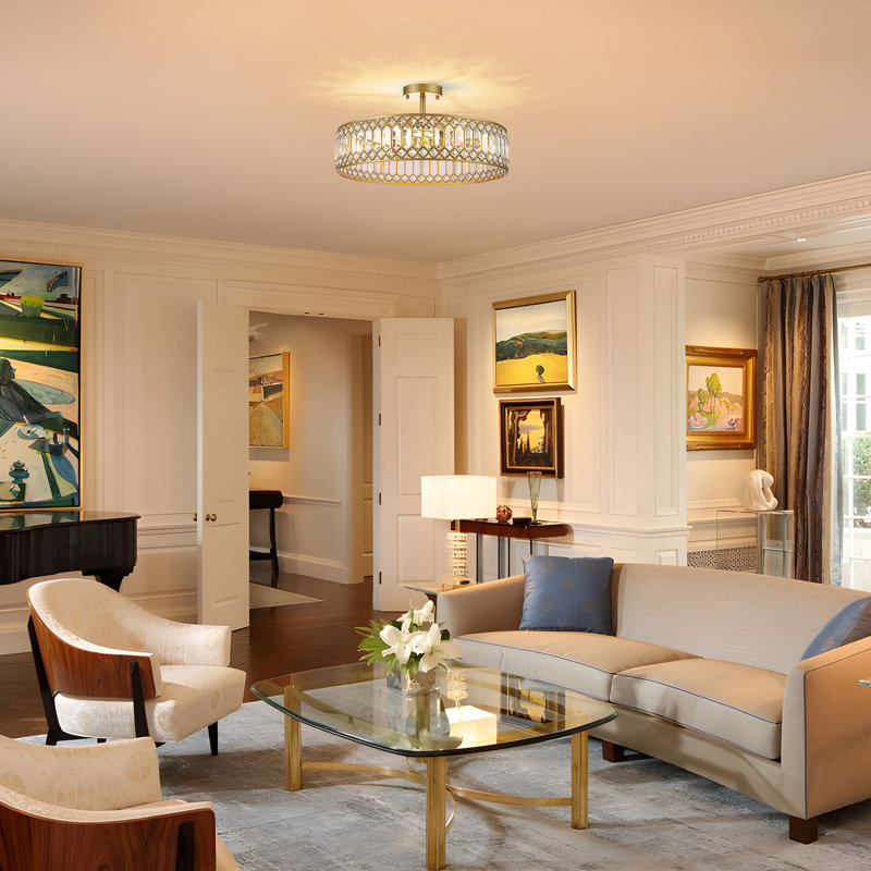 Luxury Crystal Drum Semi Flush Mount Light, 5 Lights, Gold