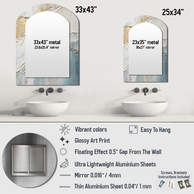 Minimalism Beige And Grey Wave Horizon II - Coastal Irregular Shape Unique Wall Mirror, Beige Asymmetrical Mirror, Printed Metal Art