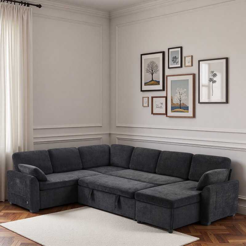 Canapé-lit modulaire convertible avec méridienne réversible, poches de rangement et dispositifs de chargement, Chenille noir