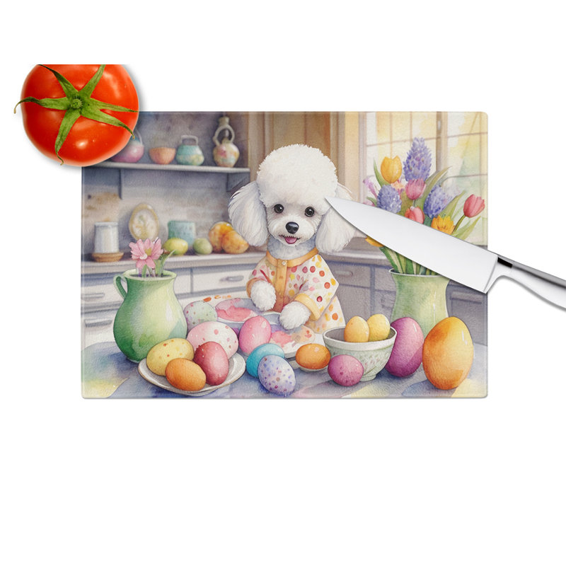 Décoration de planche à découper en verre caniche blanc de Pâques