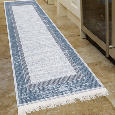 Machine Washable Wrinkle Free Flatweave Border Blue Area Rug for Living Room, Hallway Runner