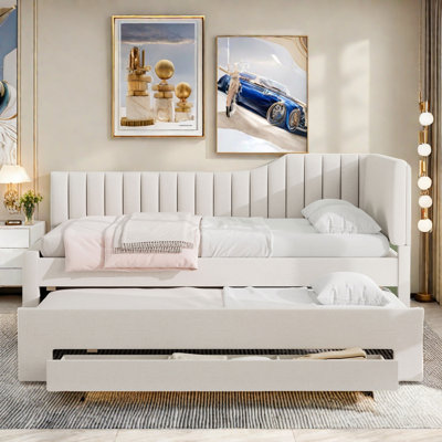 Upholstered Daybed With Trundle, Three Drawers And Vertical Striped Design