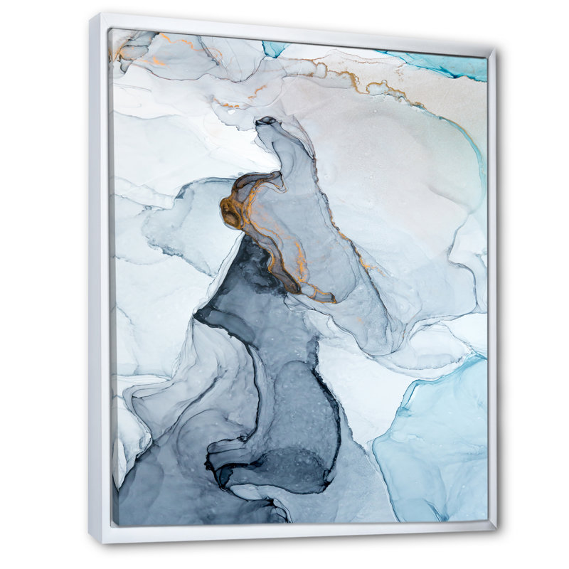 Gris et bleu marbré art ondulations - art mural moderne sur toile, H 44 po x l 34 po x P 1,5 po, Toile avec cadre blanc