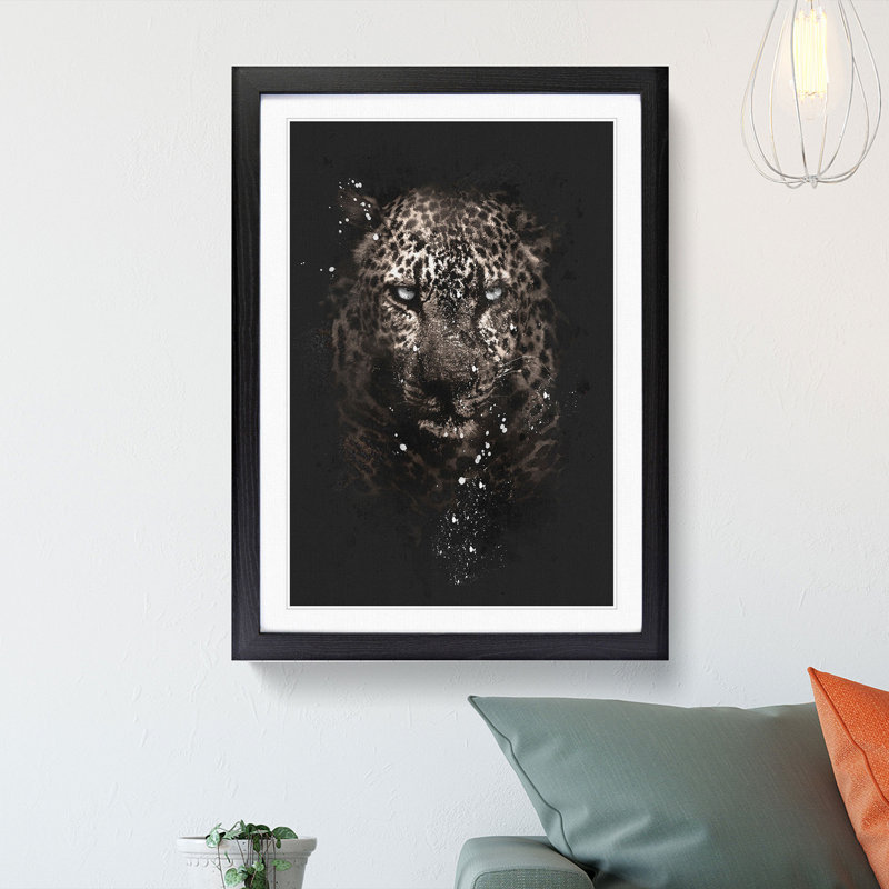 Leopard In The Dark Paint Splash - Picture Frame Graphic Art, 45cm H x 33cm W x 2cm D, Black Framed