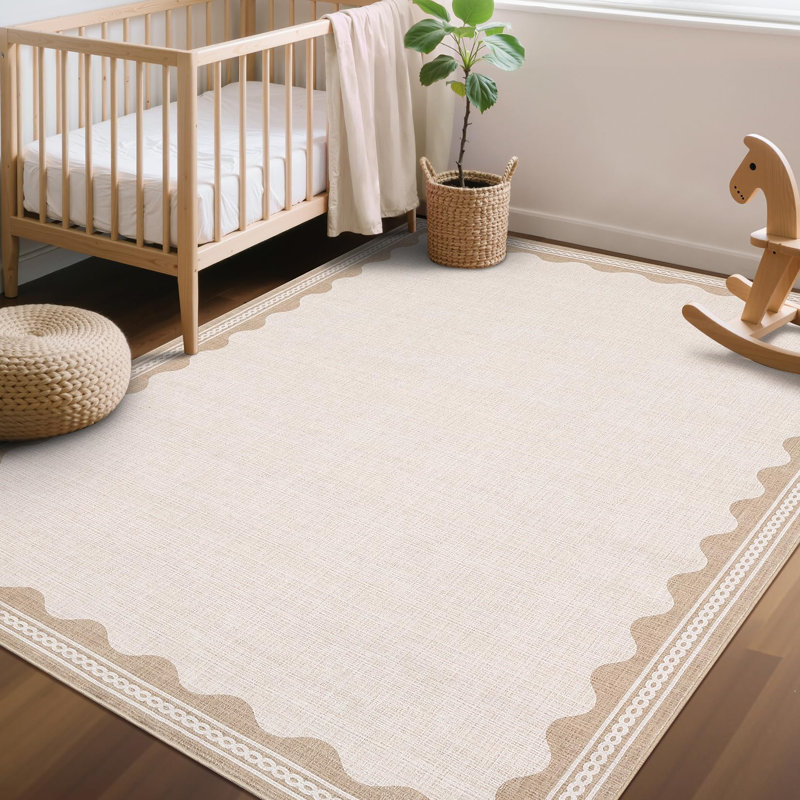 Tapis festonné et lavable pour tapis de chambre à coucher moderne, Crème, Rectangulaire 3 pi x 5 pi