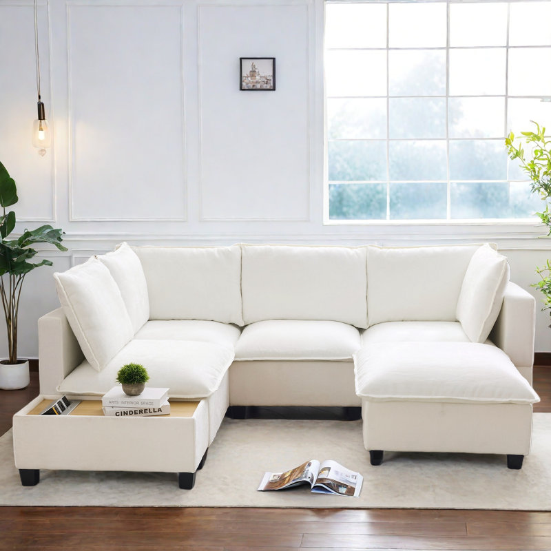 U-shaped Sectional Sofa Couch With A Movable Ottoman And A Coffee Table With Hidden Charging Devices, White