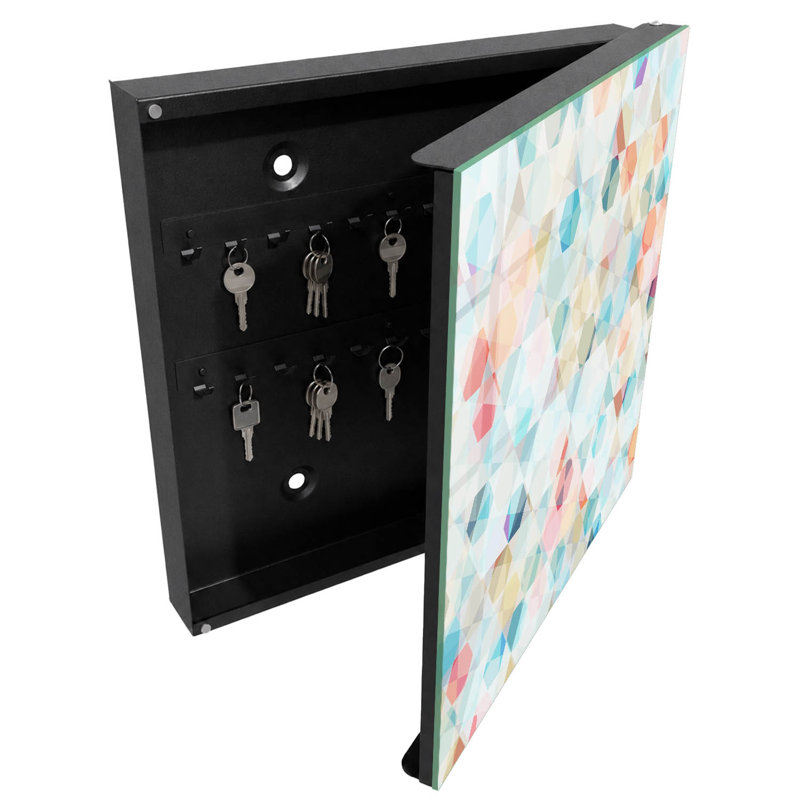 Key cabinet for home, Opens to the right, 30x30x5, Black, Colorful triangles and hexagons in pastel shades, 