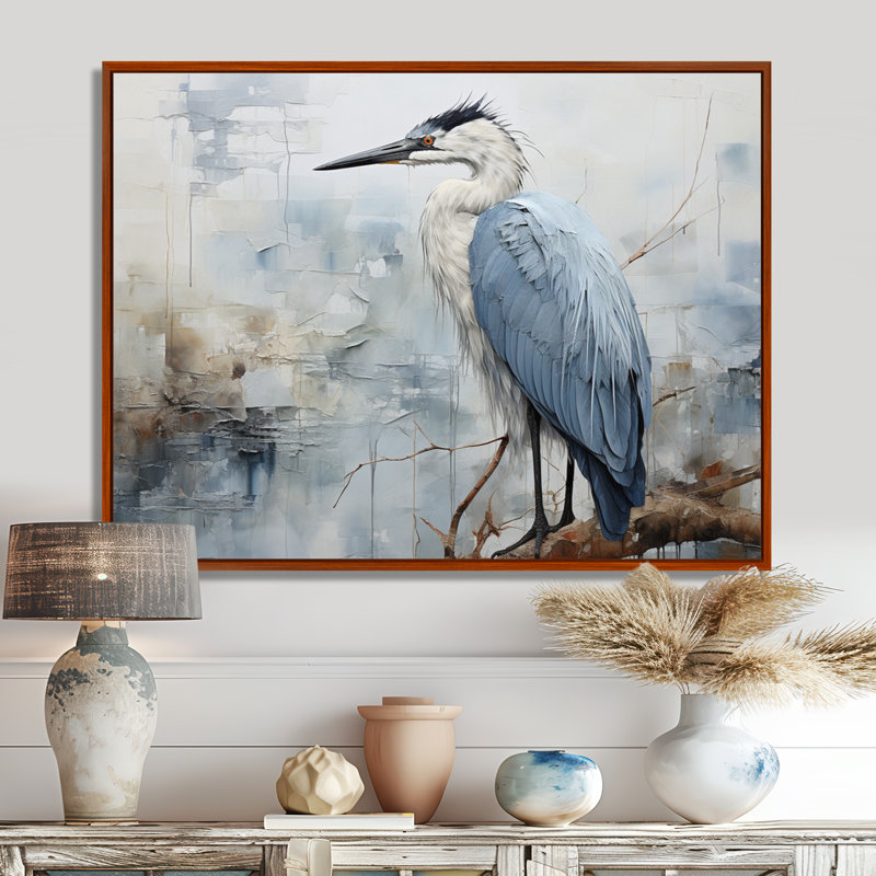 «Blue Great Heron In Miminal Harmony I», art mural héron, H 16 po x l 32 po x P 1 po, Cadre flottant brun