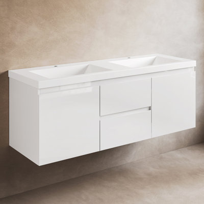 Meuble-lavabo flottant 60 po avec lavabo double encastrable 60 po - blanc moderne brillant avec tiroirs et portes de rangement