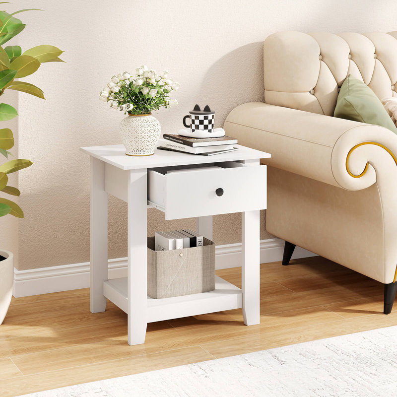 Table de chevet moderne à 3 niveaux avec 2 tablettes ouvertes, Ensemble de 2, Blanc