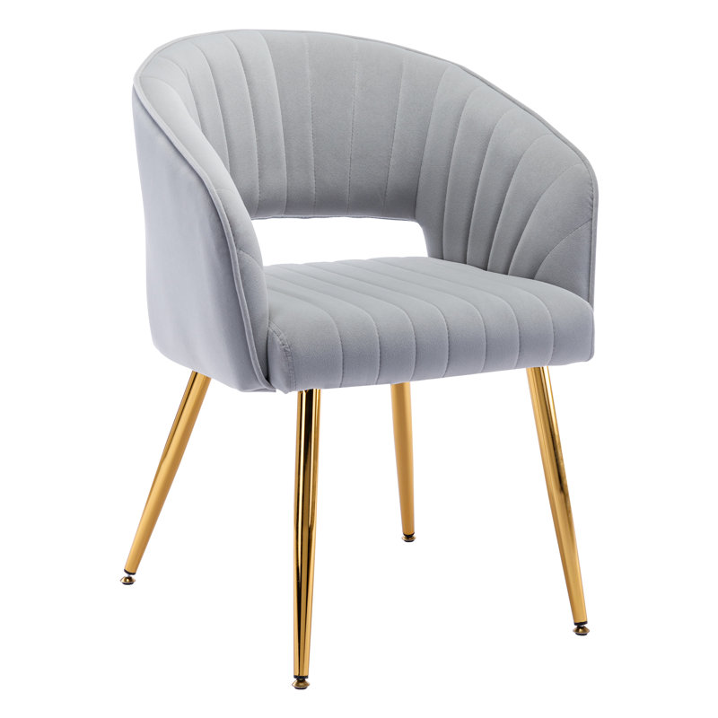 Velvet Desk Chair no Wheels, Home Office Armchair with Gold Base, Vanity Chair with Back for Make-up, Light Gray