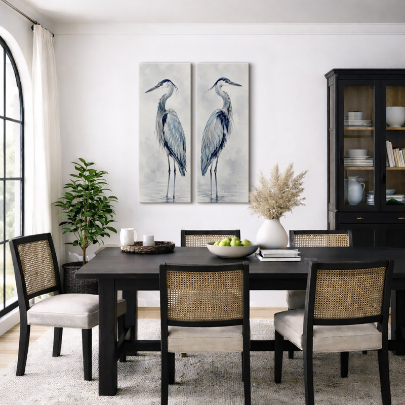 Blue Grey Heron Bird Pair – Set of 2 Framed Wall Art Print on Canvas 32"x12"x2, H 32 po x l 12 po, Toile tendue avec châssis