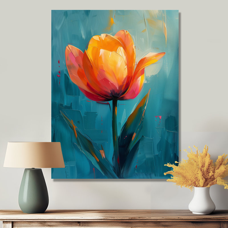 «Orange Orange Vibrant Bloom Tulips I», art mural tulipes, Black Picture Framed, 40" H x 30" W
