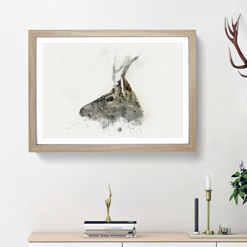 Young Elk in Abstract - Picture Frame Painting Print, 62cm H x 87cm W x 2cm D, Oak Framed