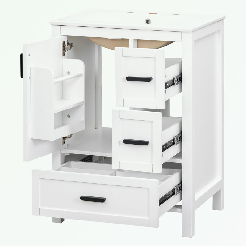 Meuble-lavabo de salle de bain avec lavabo en céramique, tablette de porte double couche et 3 tiroirs, Blanc/Noir