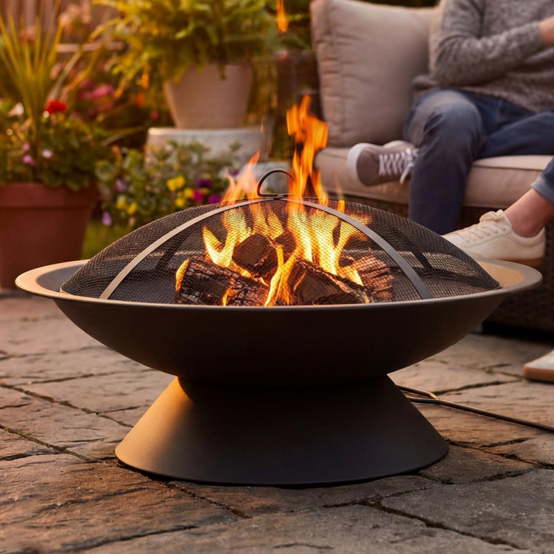 Foyer extérieur circulaire Sunjoy de 74 cm (29 pouces) à bois, montage facile en 5 minutes, foyer portatif en acier avec pare-étincelles, tisonnier et trou de drainage intégré, idéal pour le camping, la cour et le jardin.