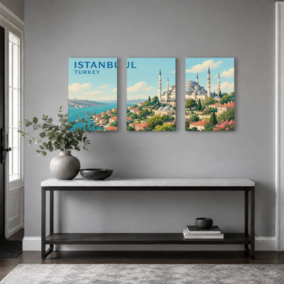 Istanbul Turkey Mosque Minarets And Blue Water Set Of 3 Canvas Wall Art