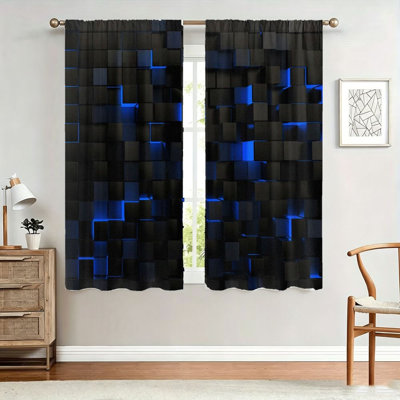 2Pcs 2D Geometric Cube Curtains, Futuristic Dark Blue and Black Abstract Design, Light Filtering Privacy Protection, Rod Pocket for Living Room, Bedroom, Balcony Home Decoration