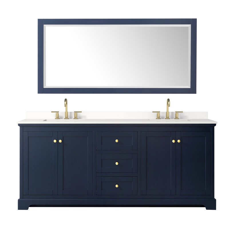 Avery 72'' Double Bathroom Vanity with Quartz Top, Dark Blue, Giotto Quartz, Brushed Gold