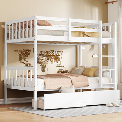 Lit superposé en bois d'hévéa avec 2 tiroirs, convertible en 2 lits simples, lit superposé avec échelle et garde-corps de sécurité
