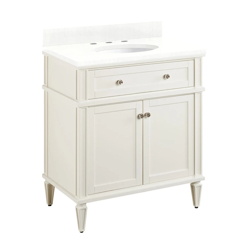 30" Elmdale Single Bathroom Vanity Set with Oval Undermount Sink, Soft White, Feathered White Quartz