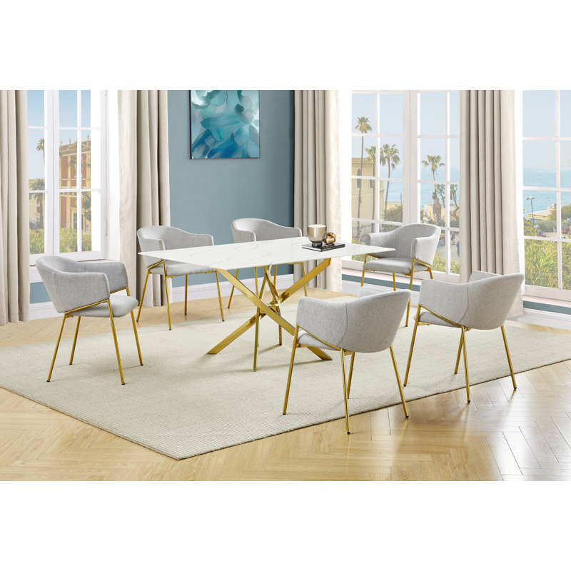 Rectangular Glass With Marble Wrap Dining Set With Linen Chairs, 7, Gray/Gold