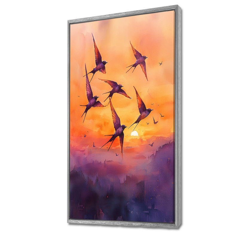 Reproduction d'art sur toile, "Swallows Birds At Sunset VII", H 60 po x l 28 po, Reproduction avec cadre flottant