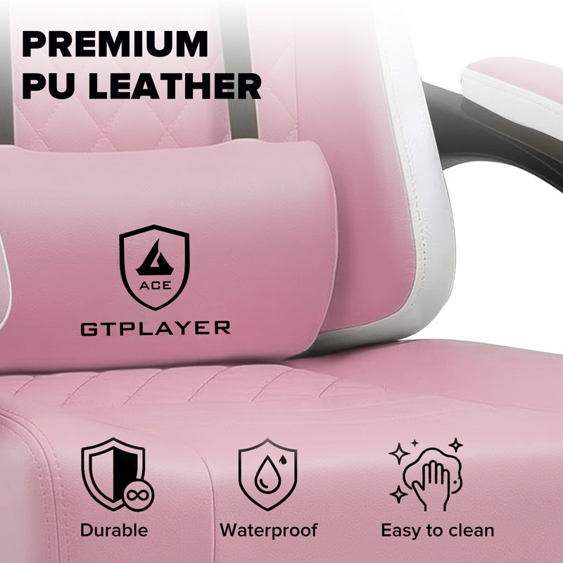 LUCKRACER GAMING CHAIR Adjustable Reclining Ergonomic Swiveling PC & Racing Game Chair with Footrest, Pink-Faux Leather