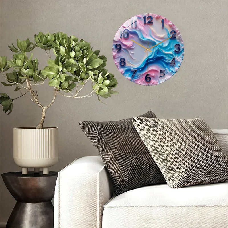 Elegant Minimalist Wall Clock with Swirling Design Art - 12'' Modern Glass Wall Clock
