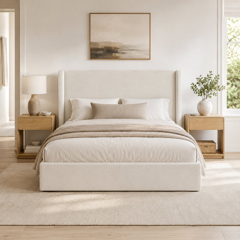 Ensemble de chambre à coucher 3 pièces - Lit plateforme tapissier avec tête de lit à oreilles de 54 po et table de chevet à 2 portes en rotin avec tablette ouverte