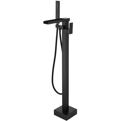 VIBRANTBATH Abyssal Hush Matte Black 1-handle Freestanding Waterfall Bathtub Faucet with Hand Shower ( Valve Included )