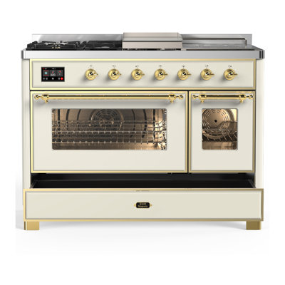 Cuisinière à double combustible de 48 pouces avec 5 brûleurs scellés de la série Majestic III en blanc antique (gaz naturel, garniture en laiton)