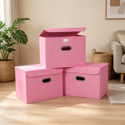 Linen Fabric Storage Cube Bins with Lid, 3 Pcs Foldable Collapsible Organizer Basket with Leather Handles and Removable Divider for Closet, Home, Pink