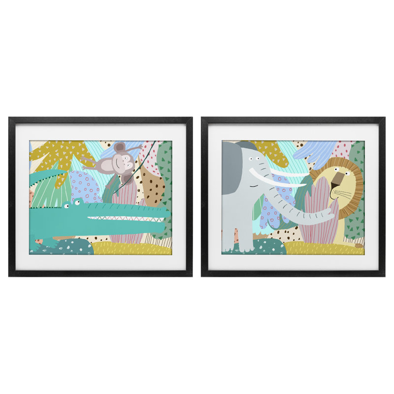 «Whimsical Wild Jungle Animals», ensemble de 2 reproductions encadrées sous verre, par Carla Daly, H 13 po x l 16 po