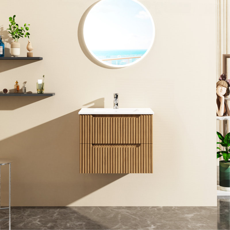 24" Wall-Mount Bathroom Vanity Cabinet With White Basin Sink Combo Floating, Walnut