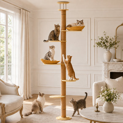 5-level Adjustable Solid Wood Floor-style Cat Scratching Tree - Sisal Rope Wrapped Scratcher For Adult Large Cats