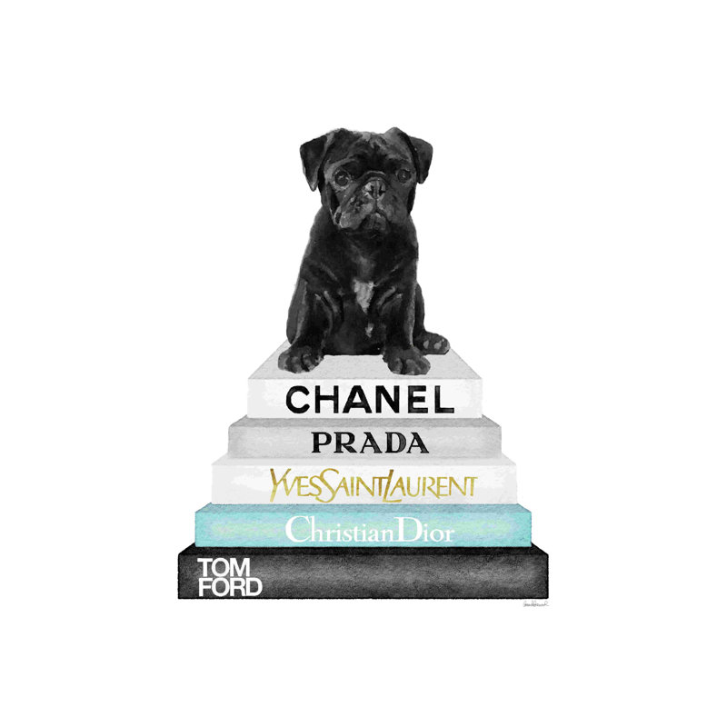 «Bookstack Teal Pug», art textuel sur toile tendue, H 18 po x l 12 po