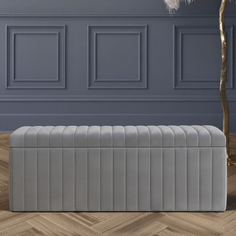 Lux Striped Wide Velvet Rectangle Solid Color Standard Ottoman Box with Storage, 40 cm H x 120 cm W x 42 cm D, Grey