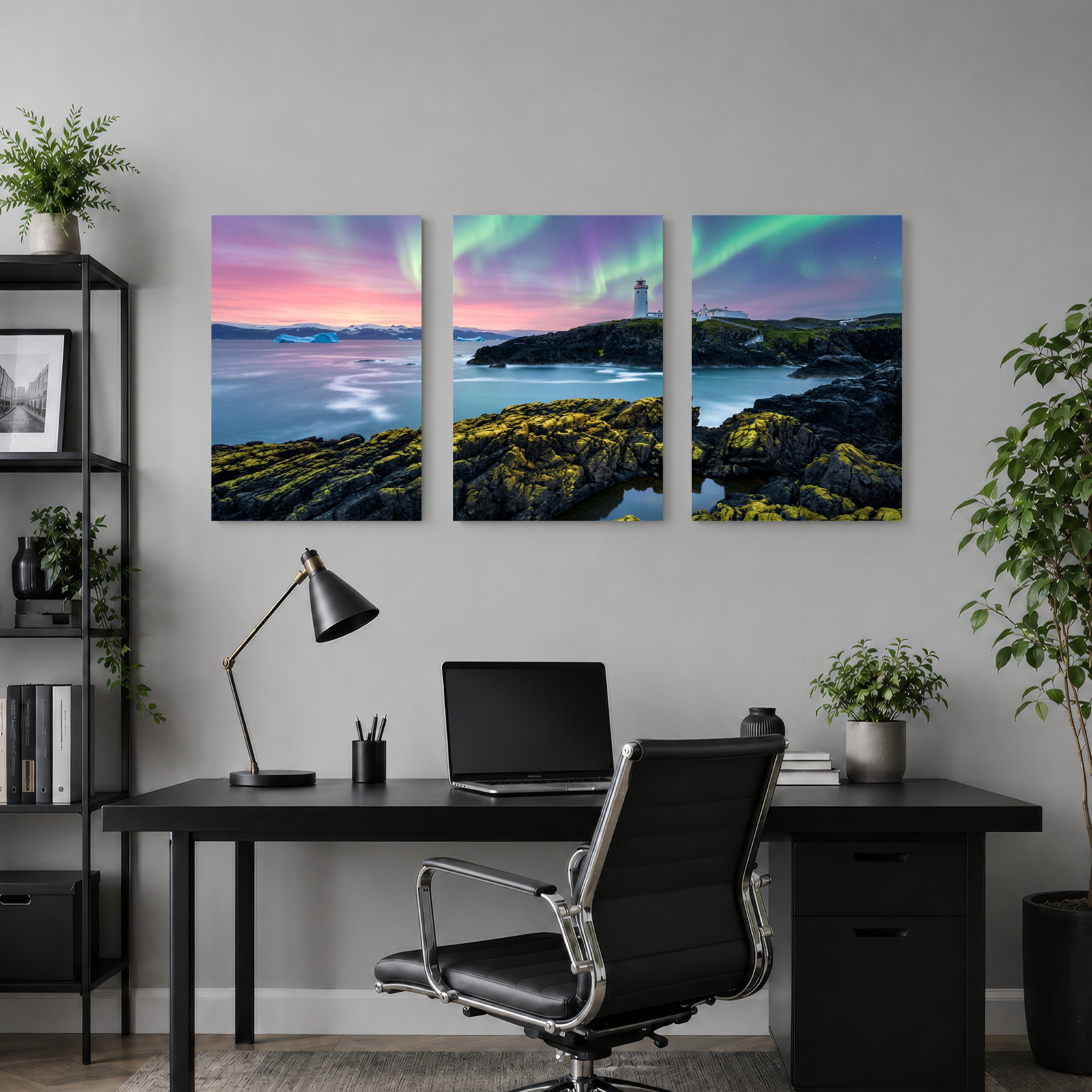 Northern Lights Art Canvas Wrapped Wall Art Oil Painting Print Set Of 3 For Living Room Bedroom Home Decor, 1624