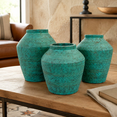 Turquoise Hand-Colored Clay Vases (Set of 3)