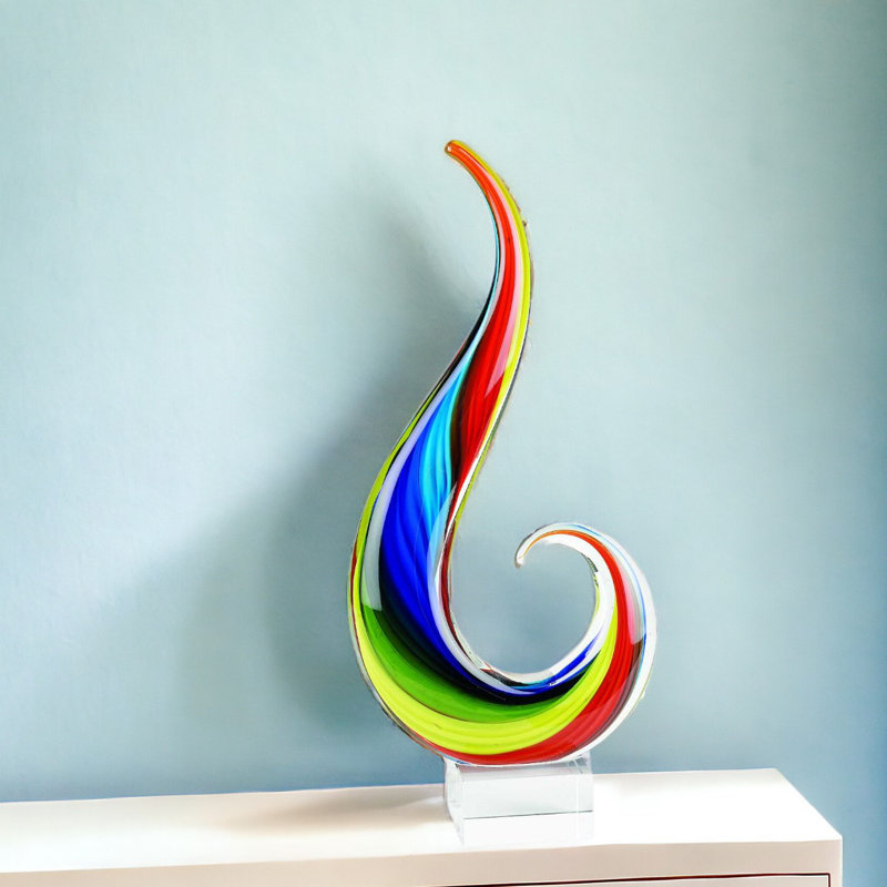 Costillo Blue and Red Murano Glass A Modern Abstract Tabletop Sculpture, 12" H x 3" W x 9" D