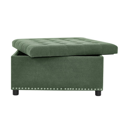 Green Square Storage Ottoman with Tufted Design and Nailhead Trim