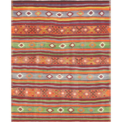 Tapis unique en laine noué à la main de style années 1960 de 6 pi 4 po x 7 pi 8 po vert / rouge