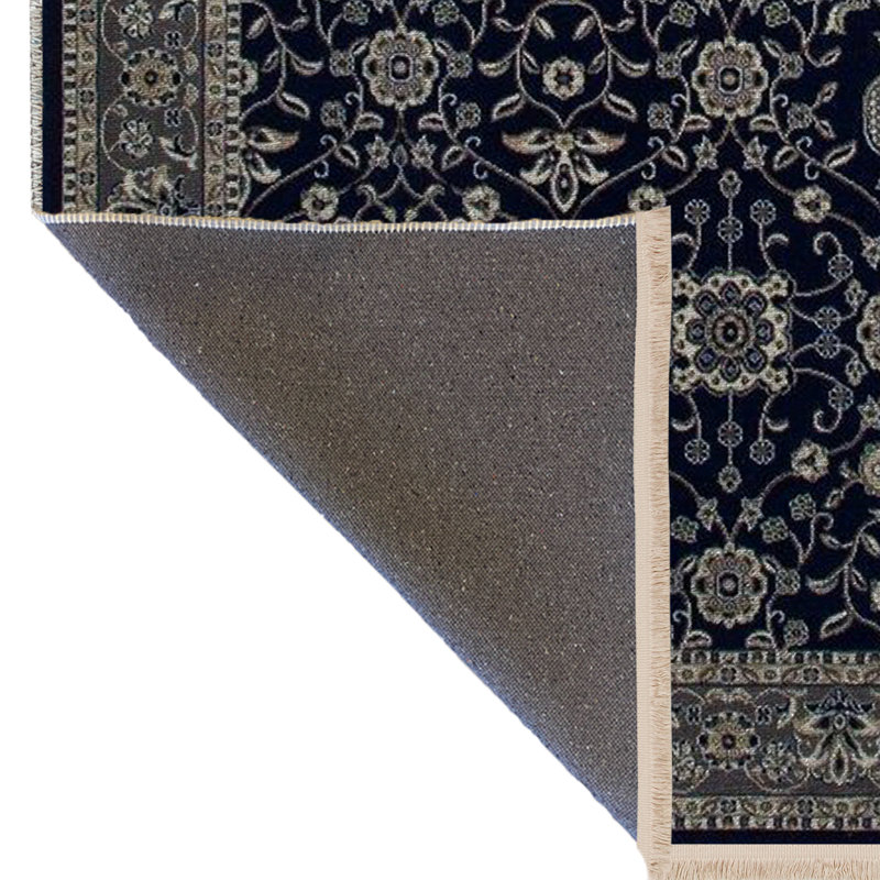 Tapis décoratif noir à motif frangé et motif traditionnel noir, Rectangle 4 pi 7 po x 6 pi 7 po