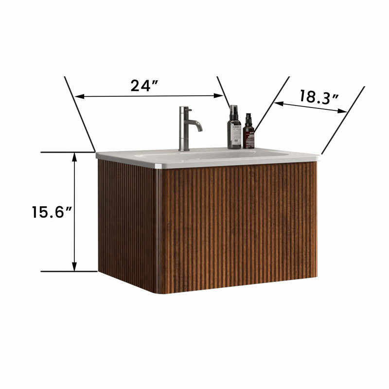 Bathroom Vanity With White Ceramic Sink, Walnut, 24" 