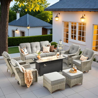 9 Pieces Patio Furniture Set With 53" Fire Pit Table, Outdoor Wicker Swivel Rocking Chairs With Comfy Cushions, All-weather High Back Sofa Couch Set For Backyard Or Lawn