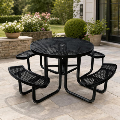 46" Round Heavy Duty Metal Outdoor Picnic Table with Umbrella Hole, Coated Steel Commercial Grade, Weather & Rust Resistant, Black