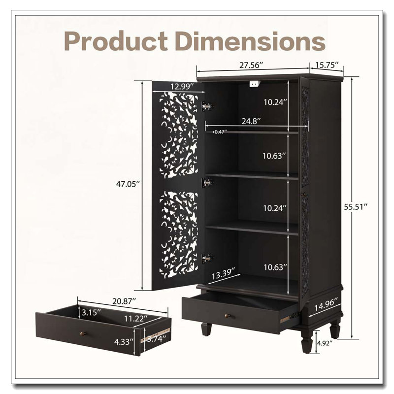 Armoire de rangement de 55 po de hauteur avec tiroir, Noir