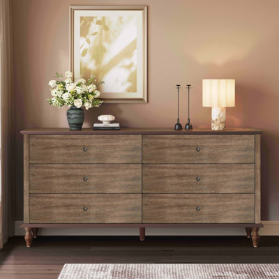 Wide Wooden Dresser with Multiple Drawers, Self-closing Slides, Metal Handles and Roman Column Legs